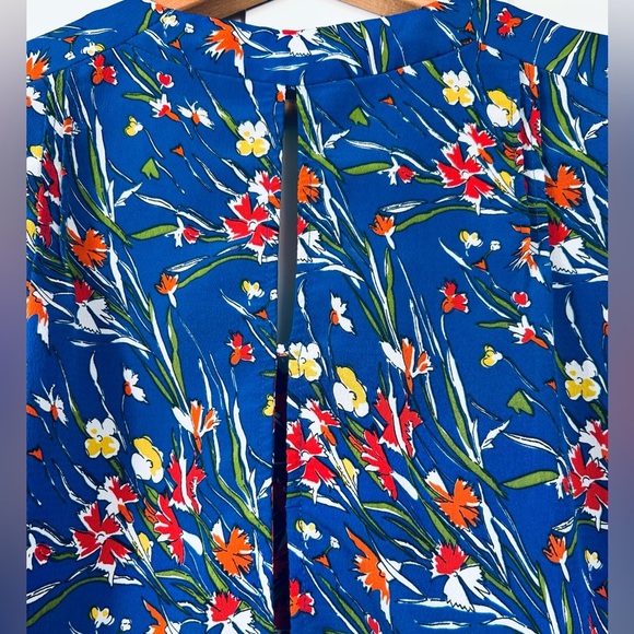 Zara floral vneck blouse, Small, blue, open seamed back, ruffles, flared, Pretty - Picture 6 of 8